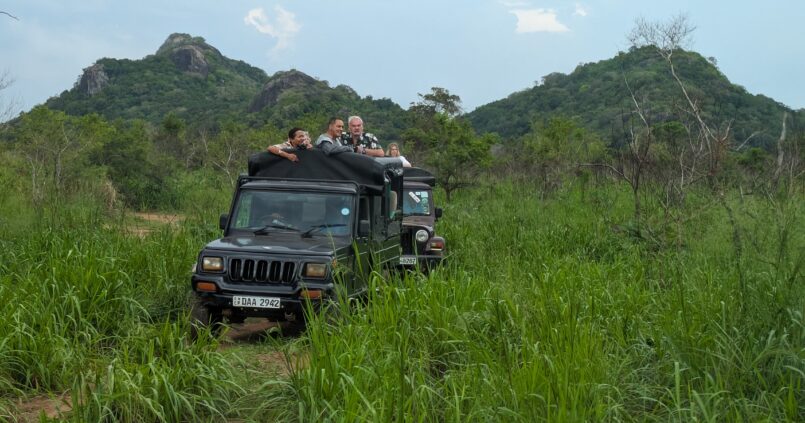 Safari jeep with 5 people watching through the rooftop. Sri Lanka. Grass in foreground. Tree and rock covered hills in background.